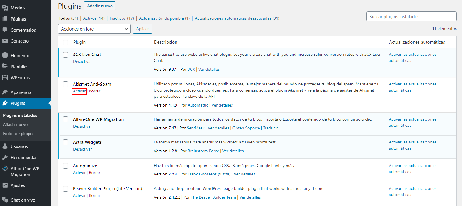 Activar plugin en el panel de WordPress