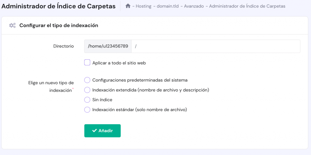 La página Administrador de índices de carpetas en hPanel