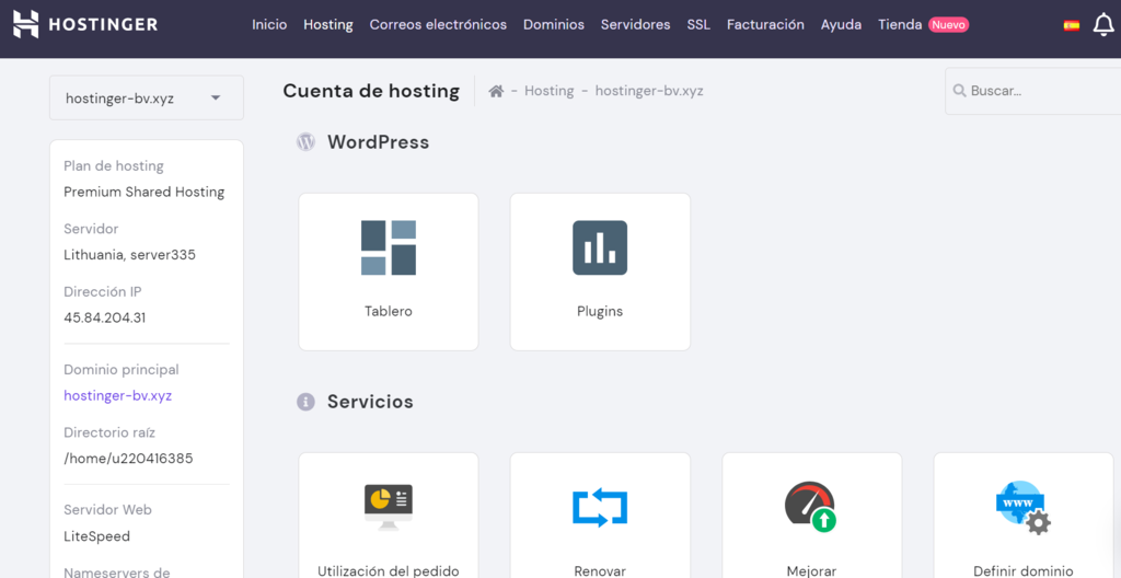 La dirección IP dada por el proveedor de alojamiento se muestra en el hPanel