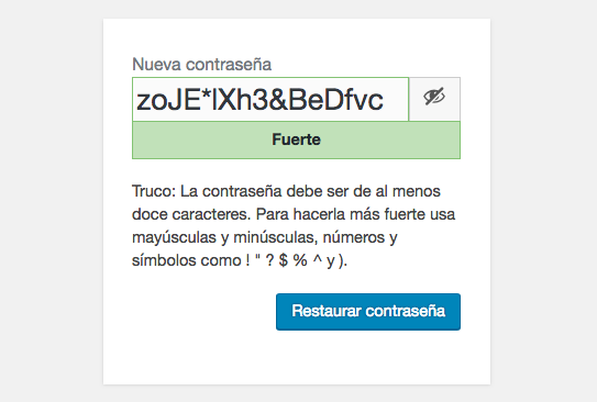 WordPress sugiriendo una nueva contraseña para ti.