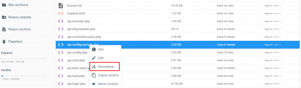 Archivo wp-config-sample.php
