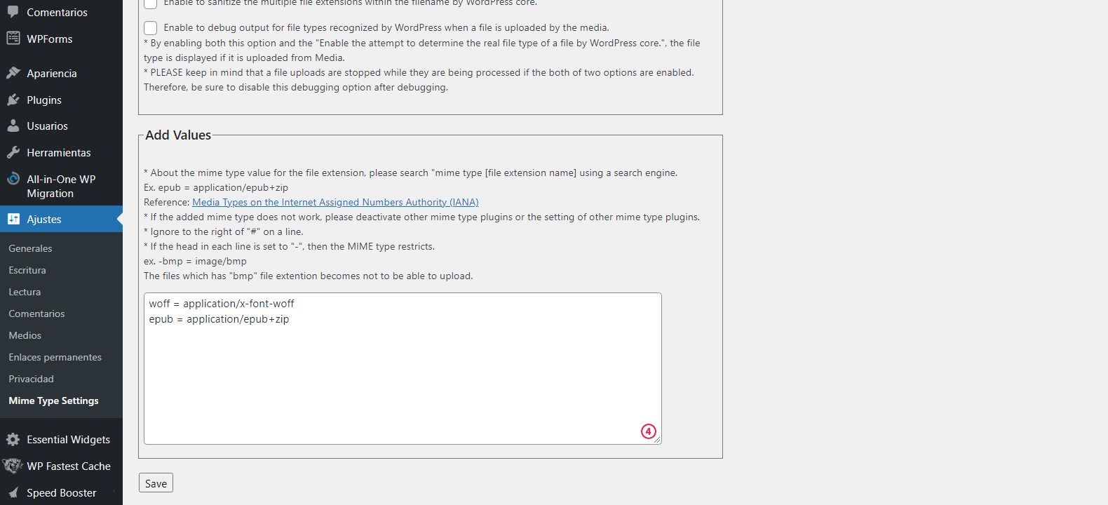 Agregar valores de tipo Mime en WP Add Mime Types