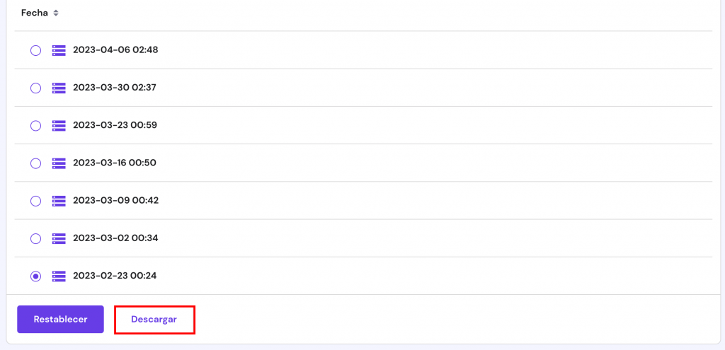 La página de copias de seguridad de las bases de datos en hPanel. La copia de seguridad de la base de datos está lista para ser descargada