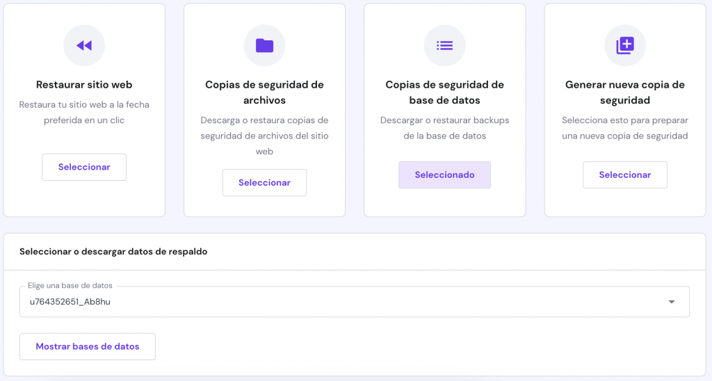 La página de copias de seguridad de las bases de datos en hPanel
