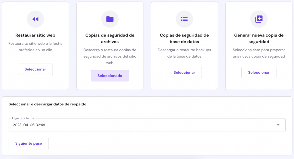 La página de copias de seguridad de los archivos del sitio web en hPanel