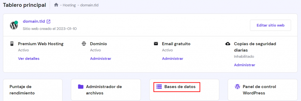 base de datos mysql en panel de control de hosting