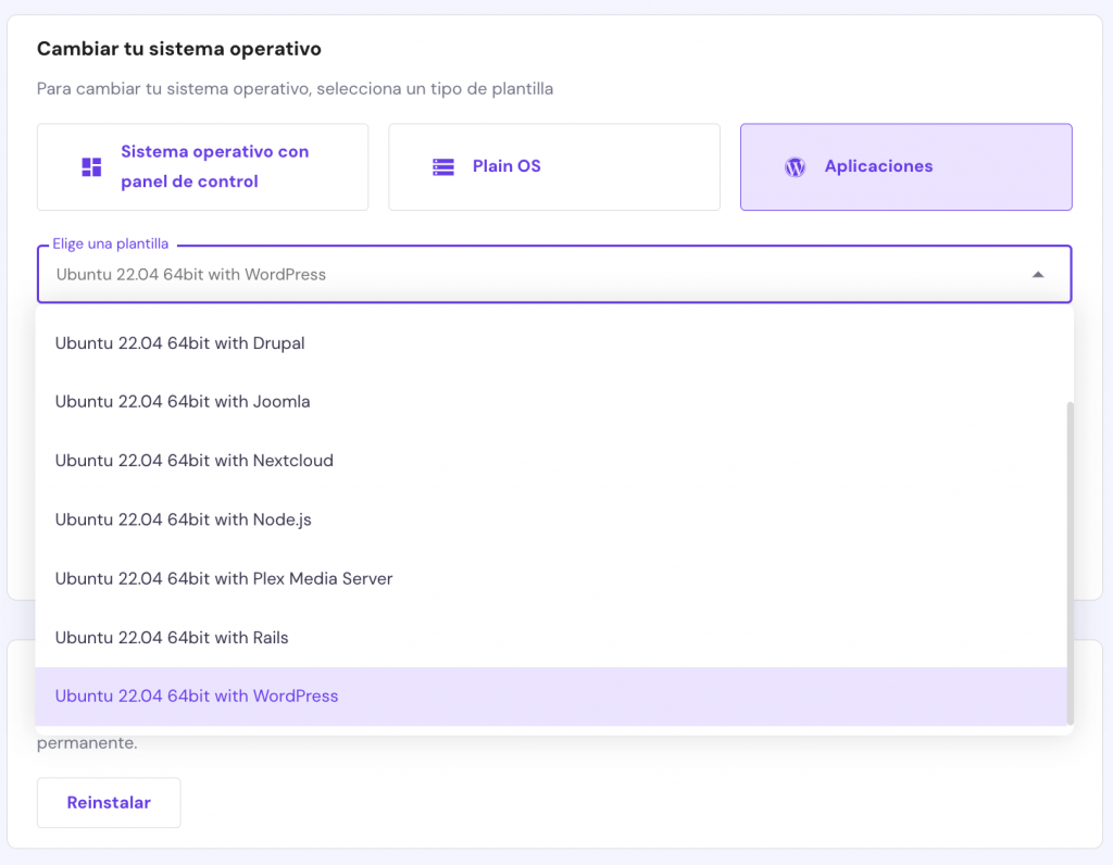 Las plantillas de sistemas operativos VPS disponibles en Hostinger. Se selecciona una plantilla con WordPress.