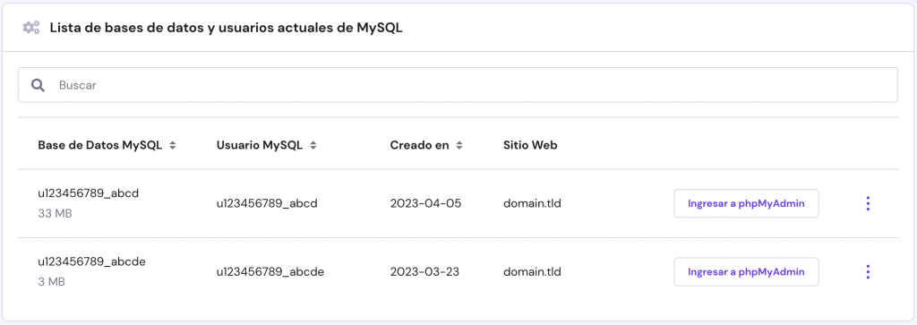 La página de gestión de bases de datos en hPanel