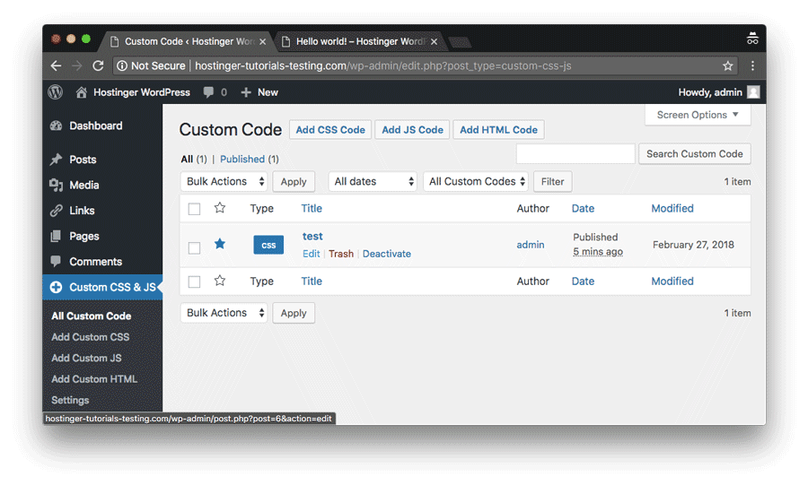 nueva entrada css personalizado para WordPress