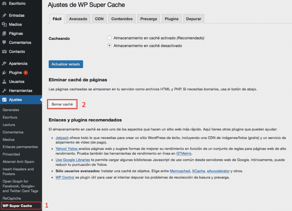 Borrar tu caché usando WP Super Cache.