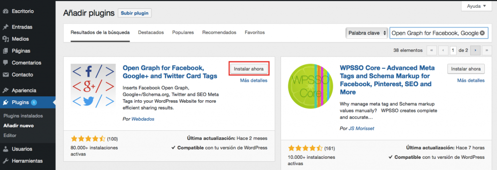 Instalación del plugin Open Graphs.