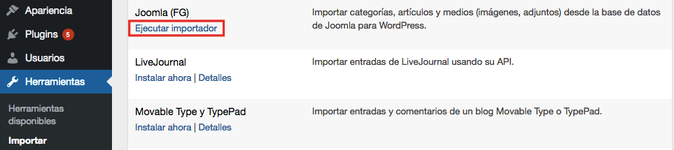 Ejecutando el plugin importador