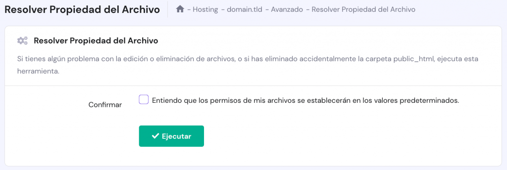 La página para fijar la propiedad de los archivos en hPanel