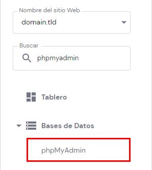 menú phpMyAdmin en la sección Bases de datos