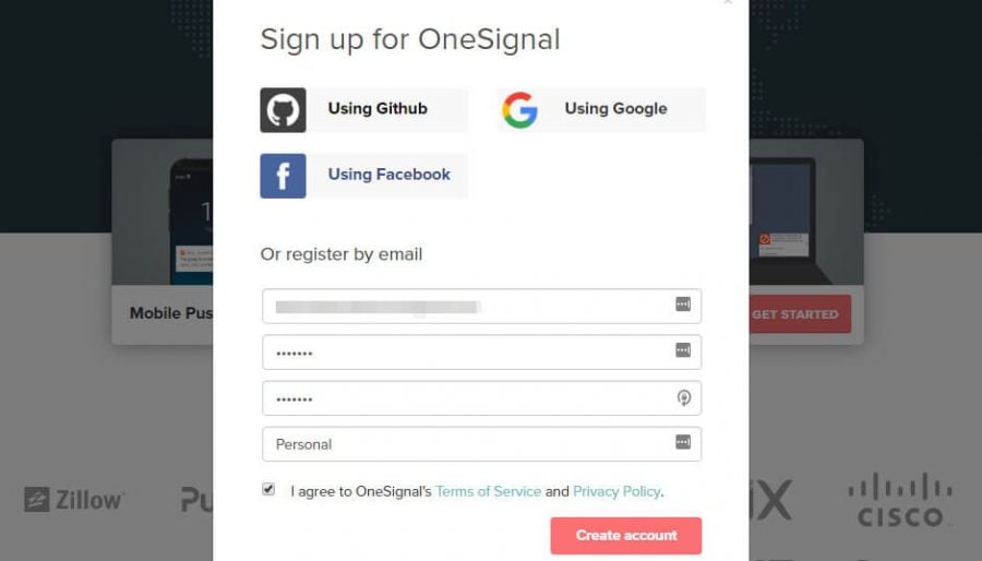 Registrarse en OneSignal.