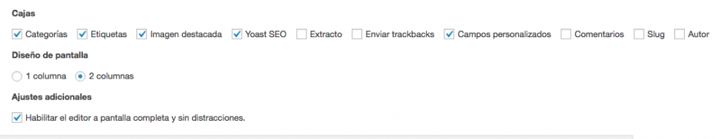 Opciones de pantalla del editor de WordPress.