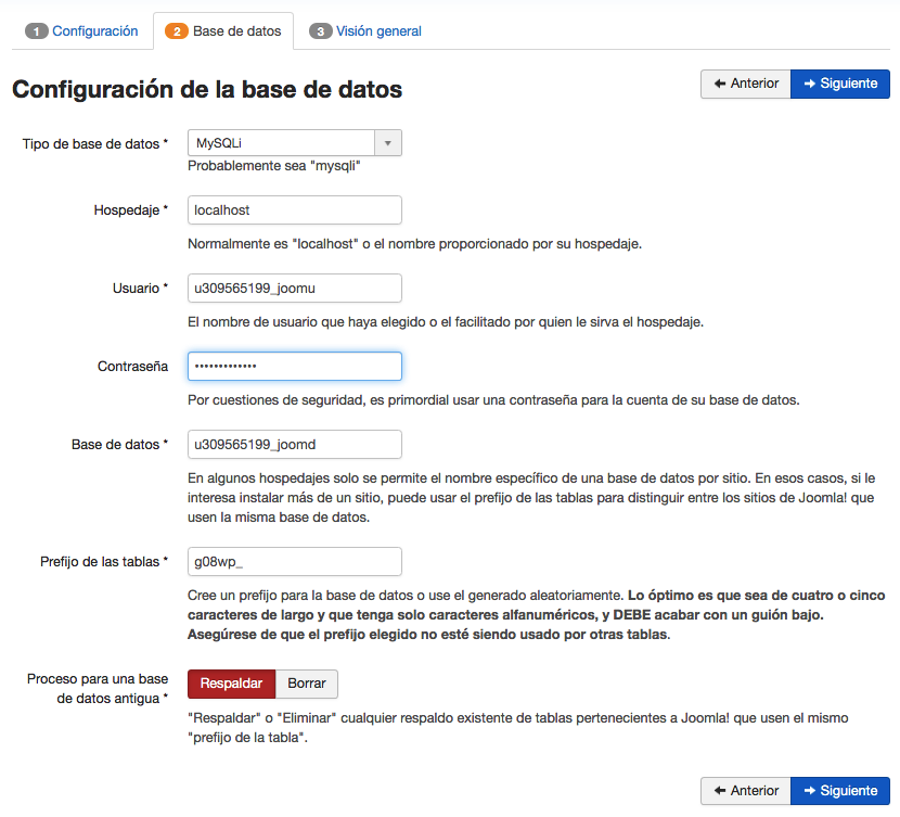 Instalar Joomla manualmente - configuración de base de datos MySQL