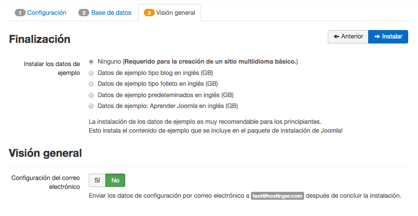 Instalación manual de Joomla - paso final