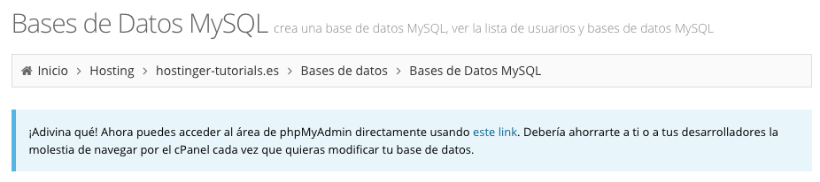 Enlace directo phpMyAdmin en el panel de Hostinger