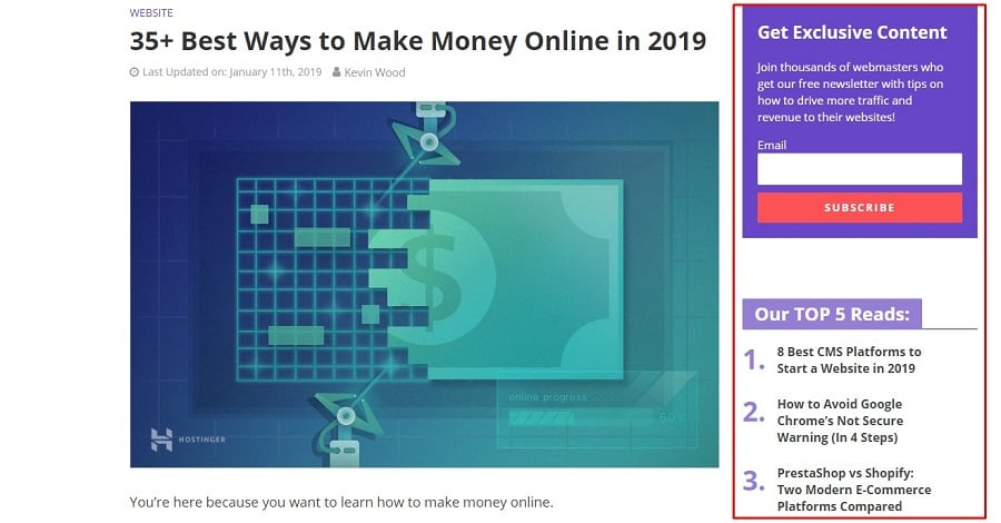 Sidebar en el sitio web de Hostinger