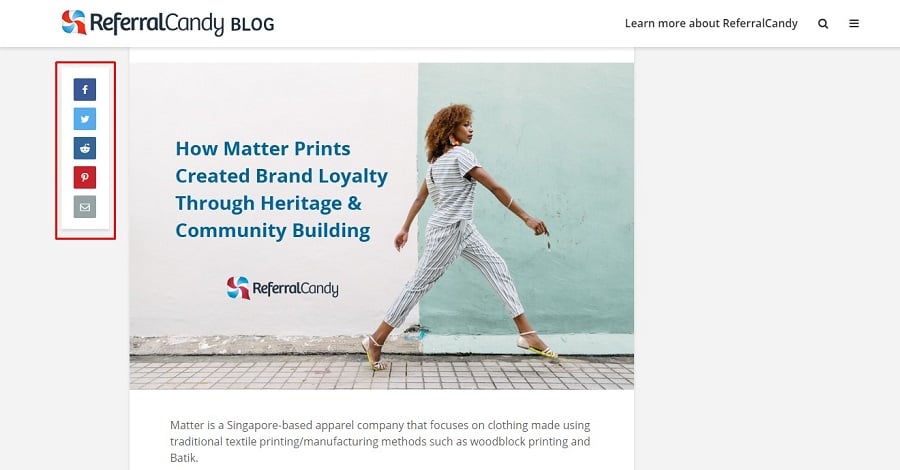 Barra lateral de para redes sociales del blog Referral Candy.