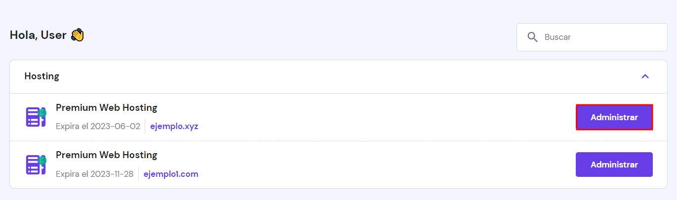 el botón Administrar en el panel de Hosting de hPanel