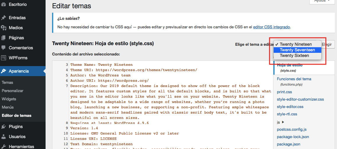 Menú desplegable para seleccionar temas en el editor de plantillas de WordPress