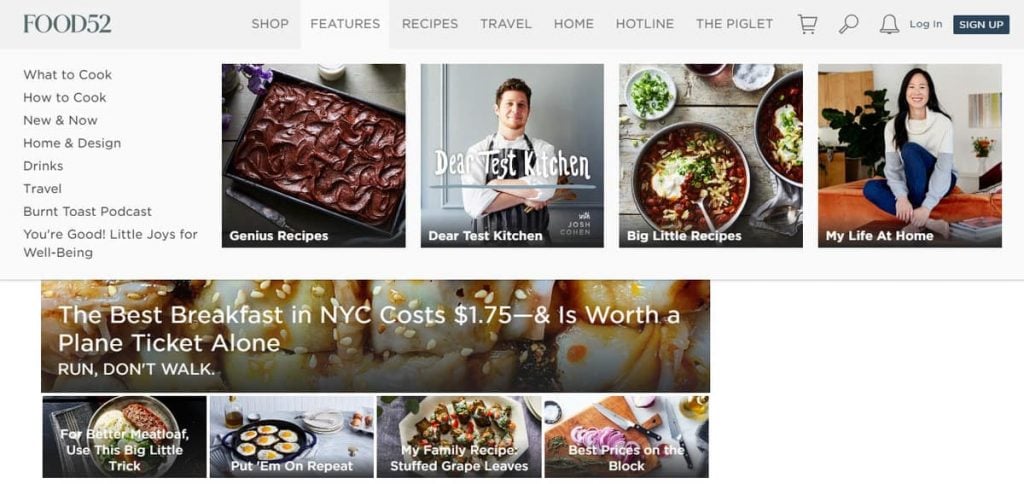 Página de inicio del blog de recetas Food52