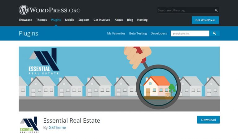 página de WordPress del complemento inmobiliario esencial
