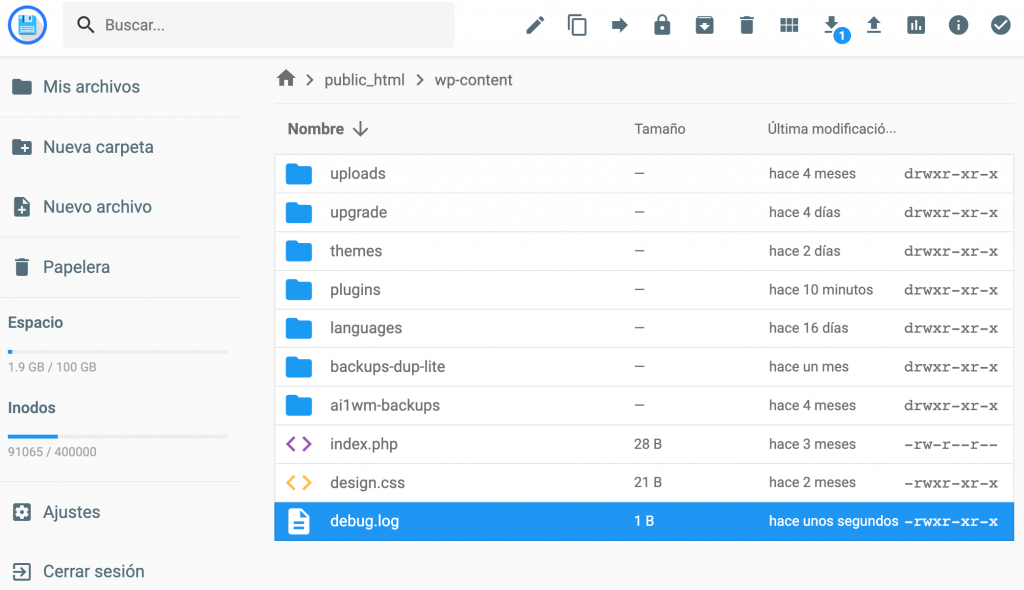 Gestor de archivos Hostinger. Se selecciona el archivo debug.log