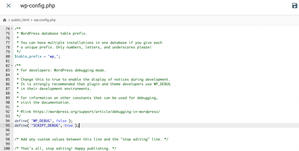 El contenido del archivo wp-config.php. Se añade el código de depuración de secuencias de comandos
