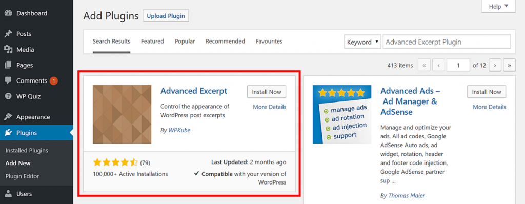 Buscando el complemento Advanced Excerpt.