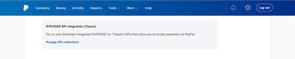 Esta imagen muestra la sección de integración de API NVP / SOAP (clásica).