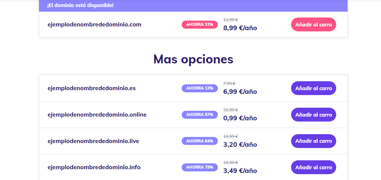 Ejemplos de nombres de dominios en el comprobador de Hostinger