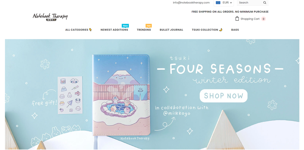 Página de inicio de Notebook Therapy, un negocio de dropshipping