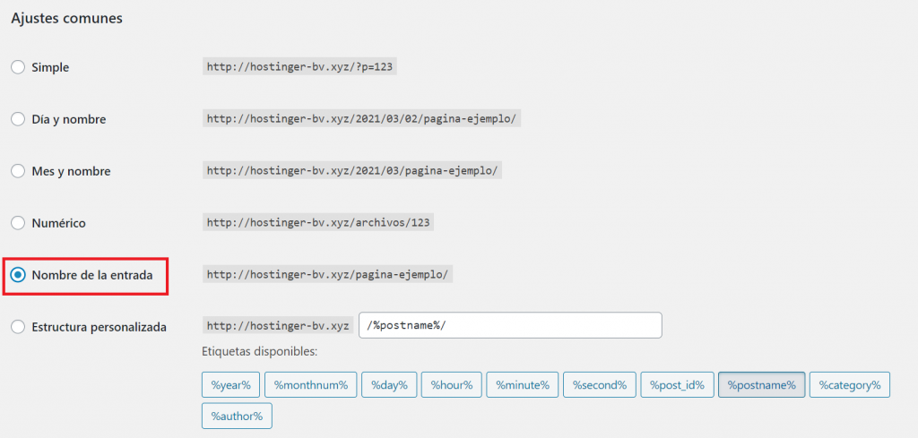 Marcar nombre de la entrada en los ajustes de enlaces permanentes de WordPress