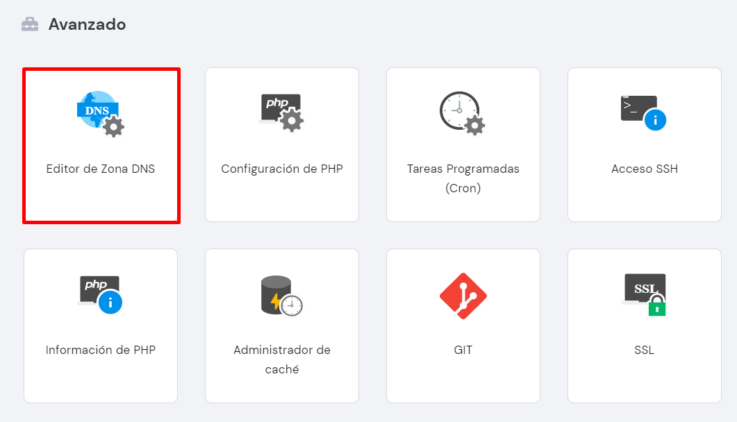 Editor de Zona DNS en la sección avanzado del hPanel