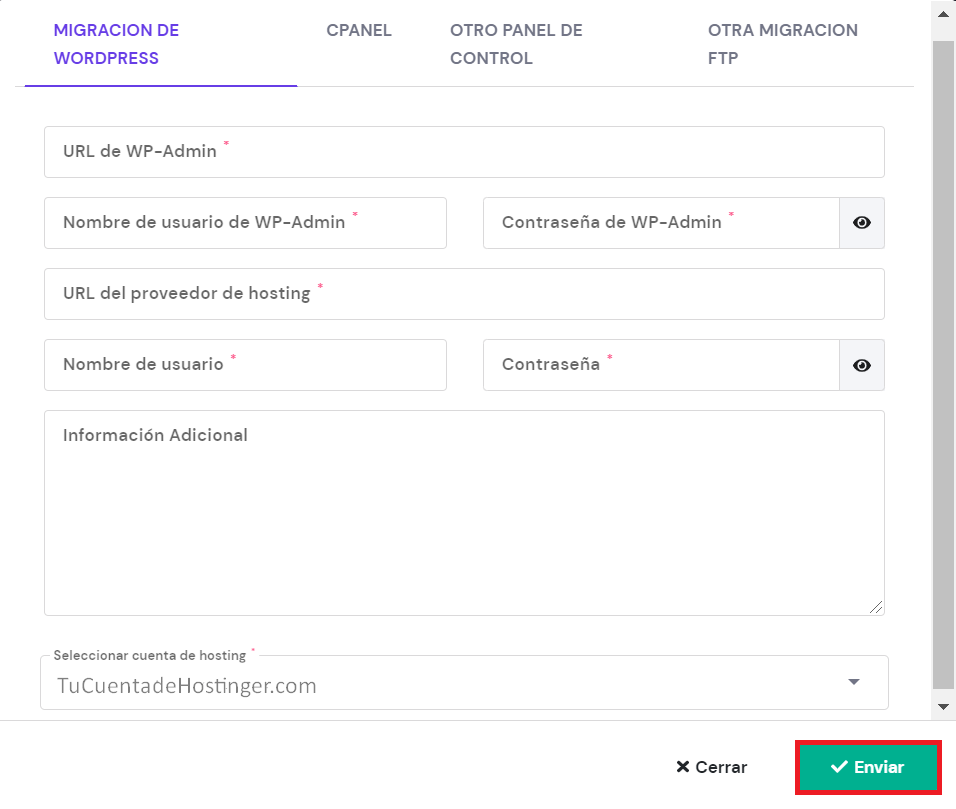 Completar los datos para la migración de WordPress en el hPanel