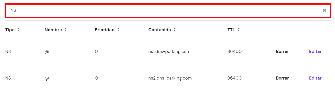 Buscar nameservers en el hPanel