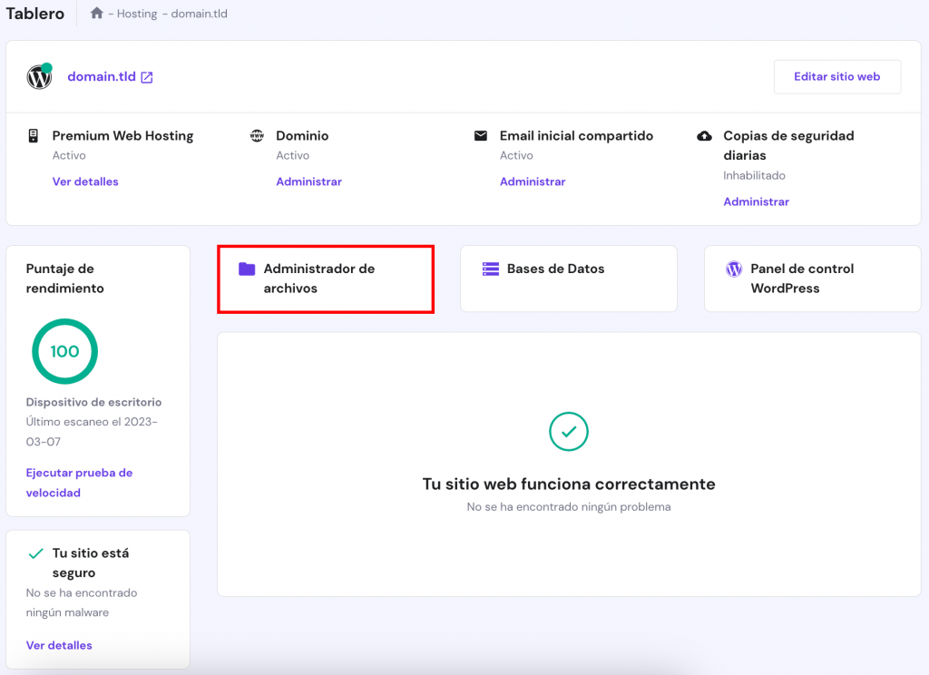 La página Dashboard en hPanel. El botón Administrador de archivos está resaltado