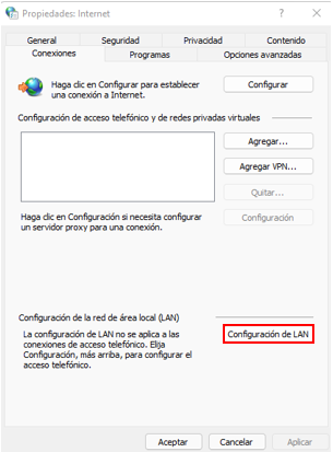 Visualización del menu de propiedades de internet