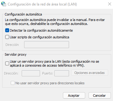 Ventana de configuración para desactivar proxy