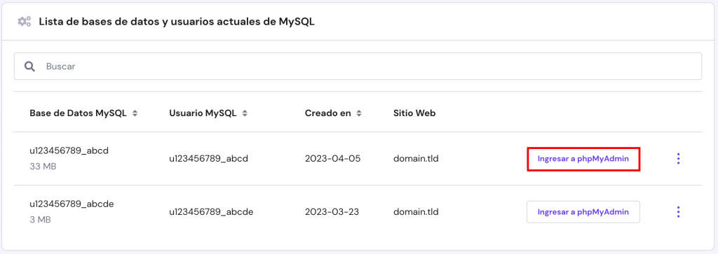La página de gestión de Bases de Datos en hPanel. El botón para entrar en phpMyAdmin está resaltado