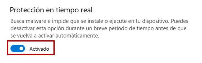 Ventana para desactivar la protección real