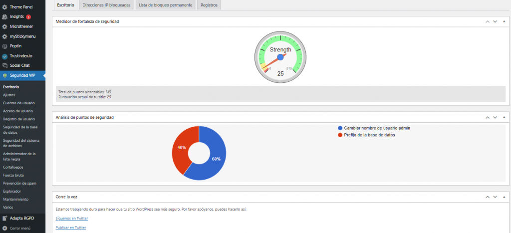 Plugin All In One WP Security & Firewall en WordPress.