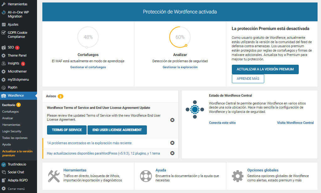 Visualización del plugin Wordfence en WordPress