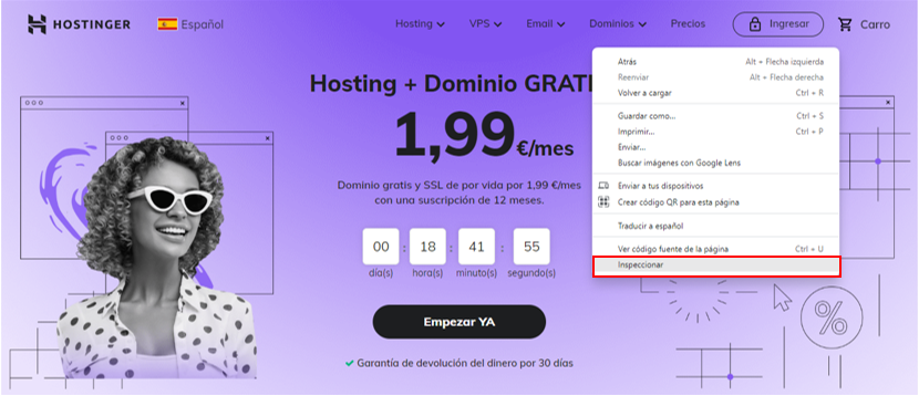 Opción inspeccionar clic derecho