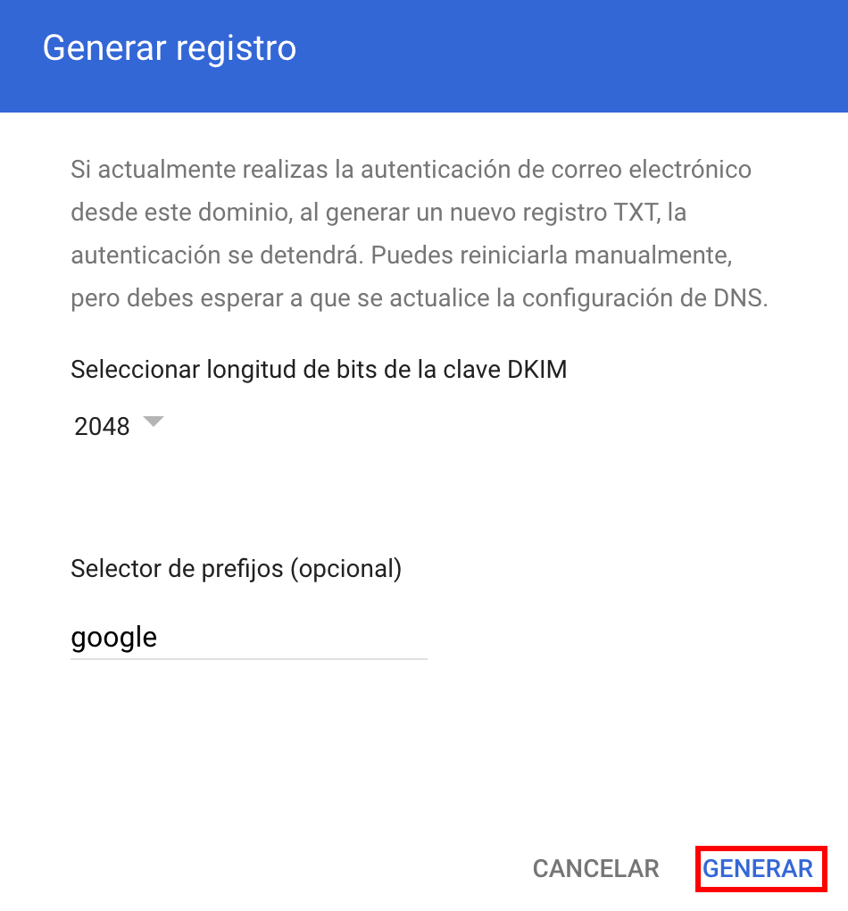 Generar registro nuevo en Google Workspace