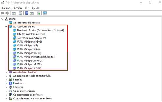 Visualización de los adaptadores de red para actualizarlos.