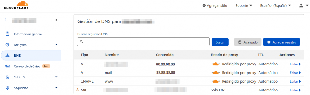 DNS en CloudFlare